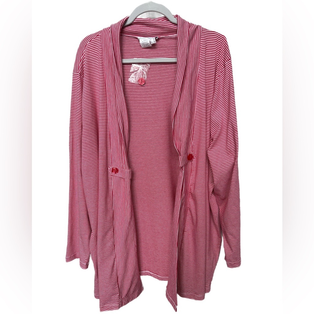 NWOT Ulla Popken Cotton Red & White Striped Open Front Cardigan 24 26